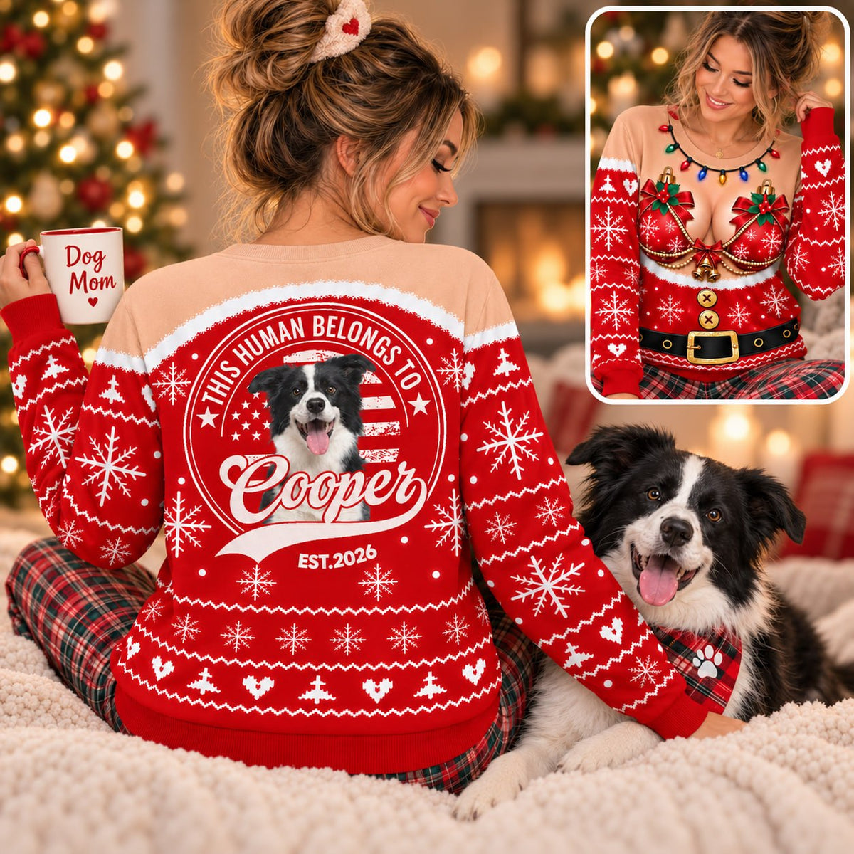 Personalized This Human Belongs To Christmas All Over Print Shirts, Custom Photo Dog Gift For Dog Lovers T1807 VH01 KL07