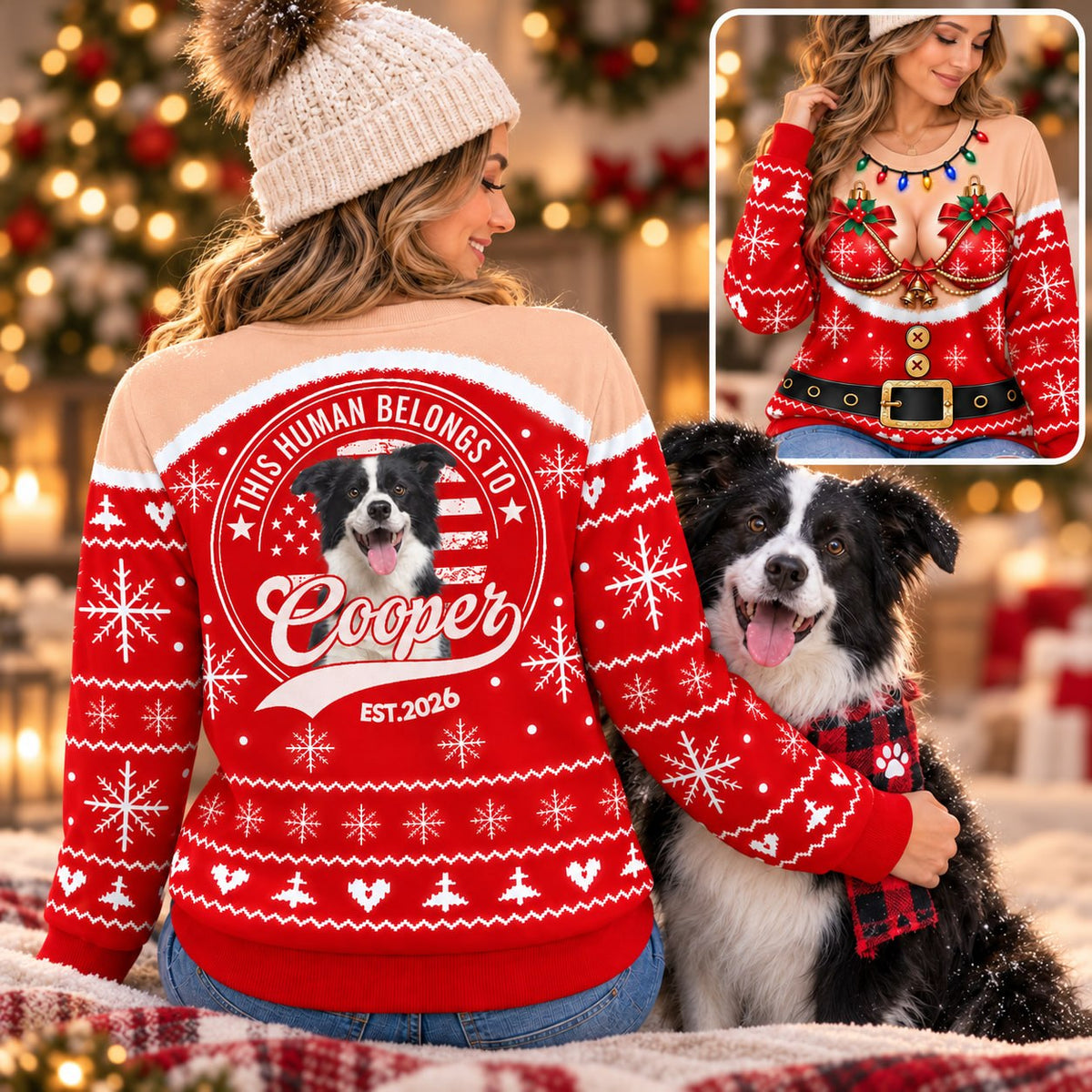 Personalized This Human Belongs To Christmas All Over Print Shirts, Custom Photo Dog Gift For Dog Lovers T1807 VH01 KL07