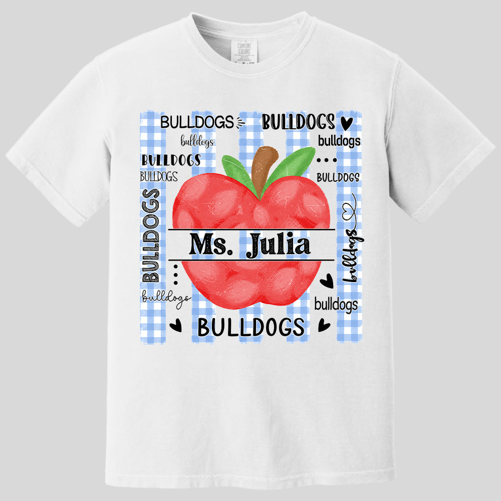Personalized Bulldogs Teacher Apple Shirt – Custom Teacher Name Back to School T-Shirt Na02 Pt99