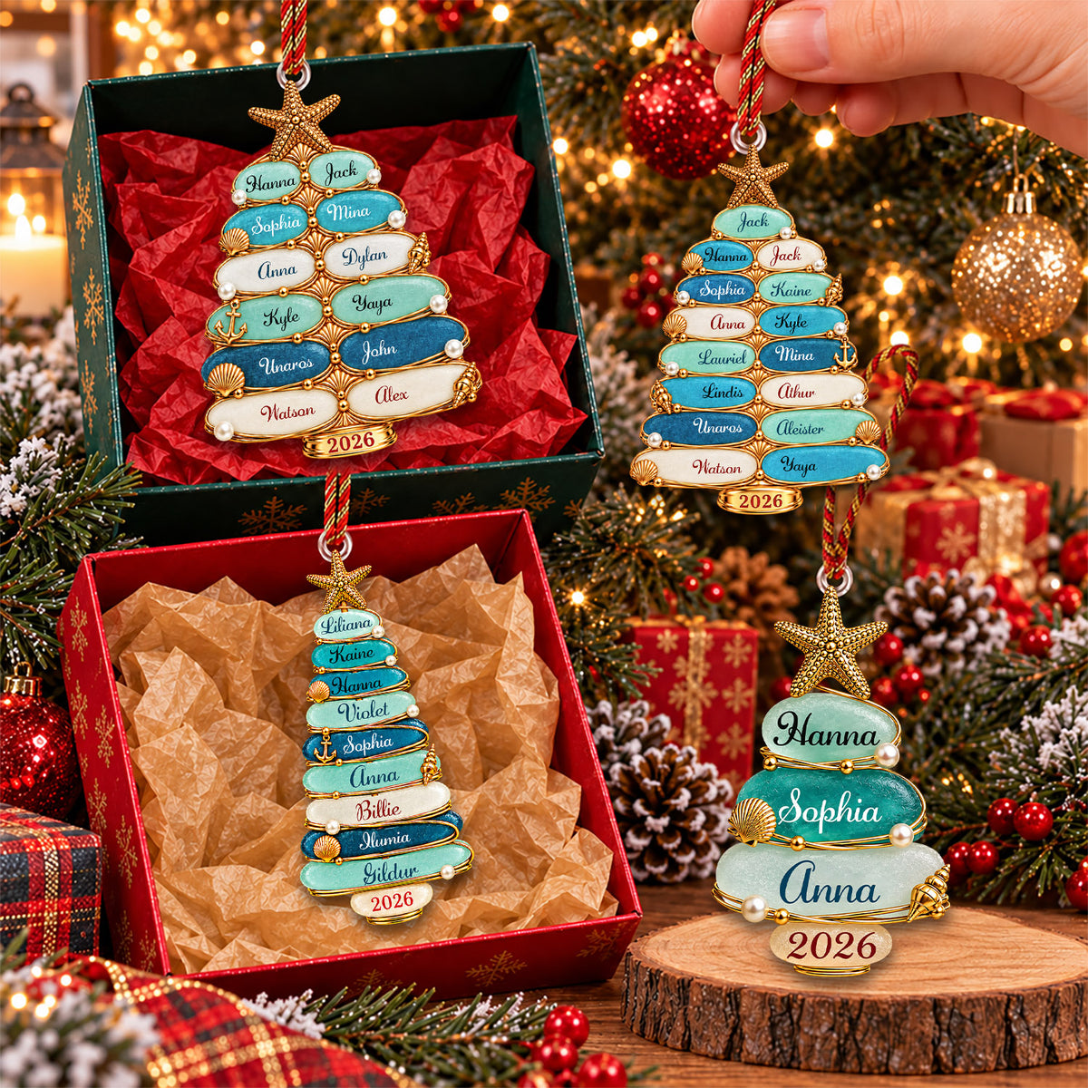 Custom Sea Glass Tree 2026 Acrylic Ornament, Personalized Coastal Family Christmas Gift Nh00