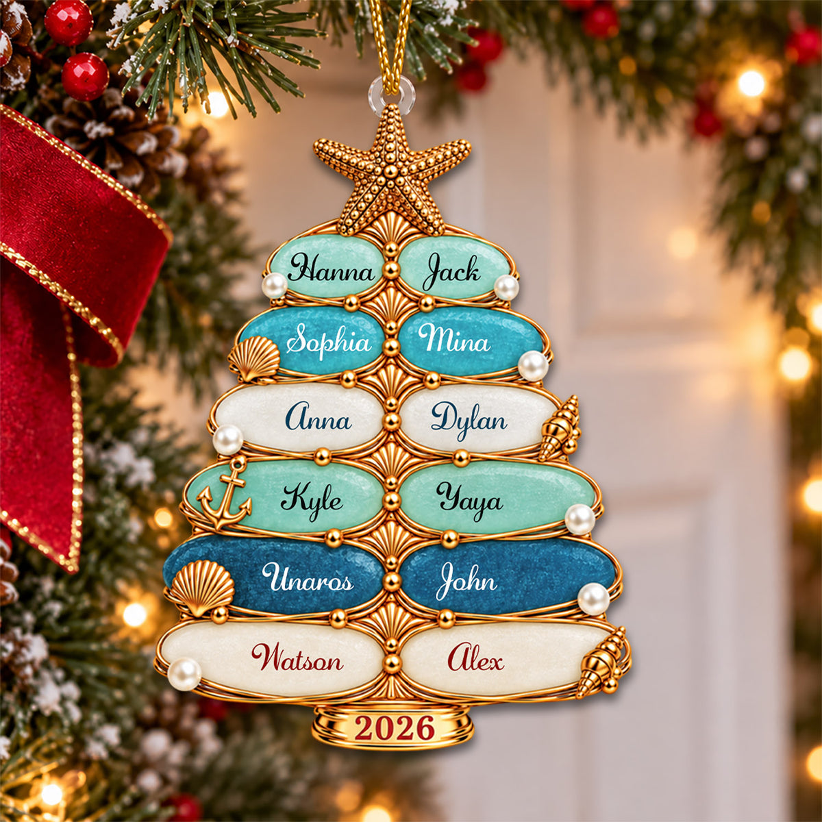 Custom Sea Glass Tree 2026 Acrylic Ornament, Personalized Coastal Family Christmas Gift Nh00