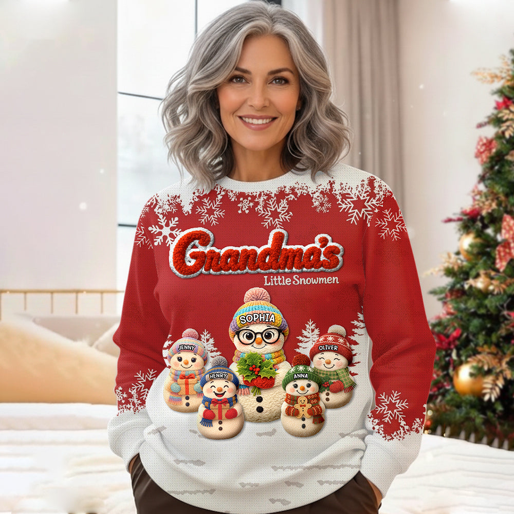 Grandma's Little Snowmen Crochet Faux Yarn Texture Personalized All-Over-Print Sweatshirt For Grandma Hv01