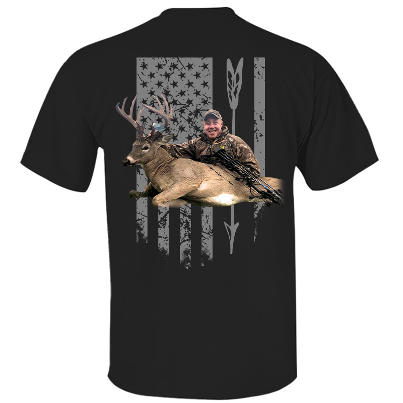 Custom Upload Photo Hunting Shirt with American Flag, Bow Hunting T-shirt, American Hunter Shirt, Hunting Gear for Men and Women, Father's Day Hunting Gift Pt99