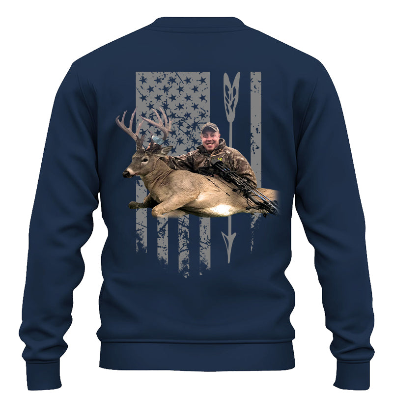 Custom Upload Photo Hunting Shirt with American Flag, Bow Hunting T-shirt, American Hunter Shirt, Hunting Gear for Men and Women, Father's Day Hunting Gift Pt99