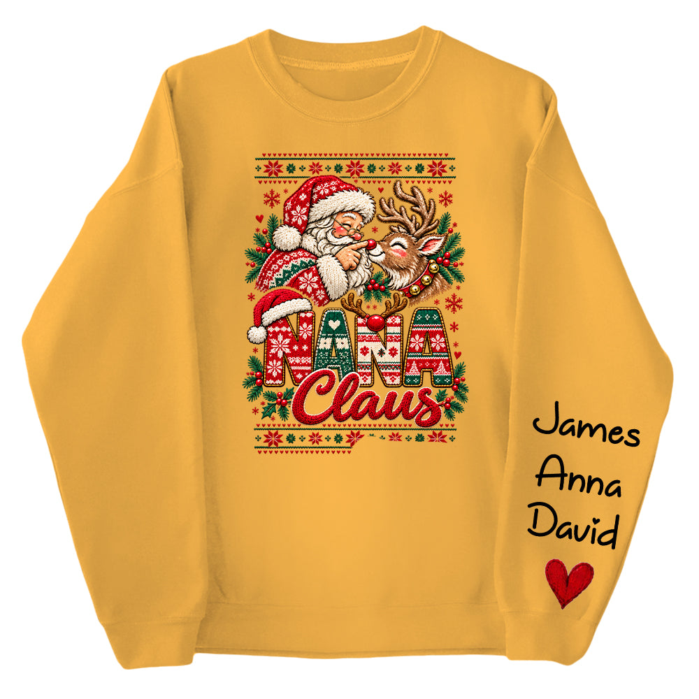 Custom Nana Claus Sweatshirt with Grandkids Names, Personalized Christmas Sweater, Cute Santa and Reindeer Holiday Crewneck C2408 Nh00 KL07