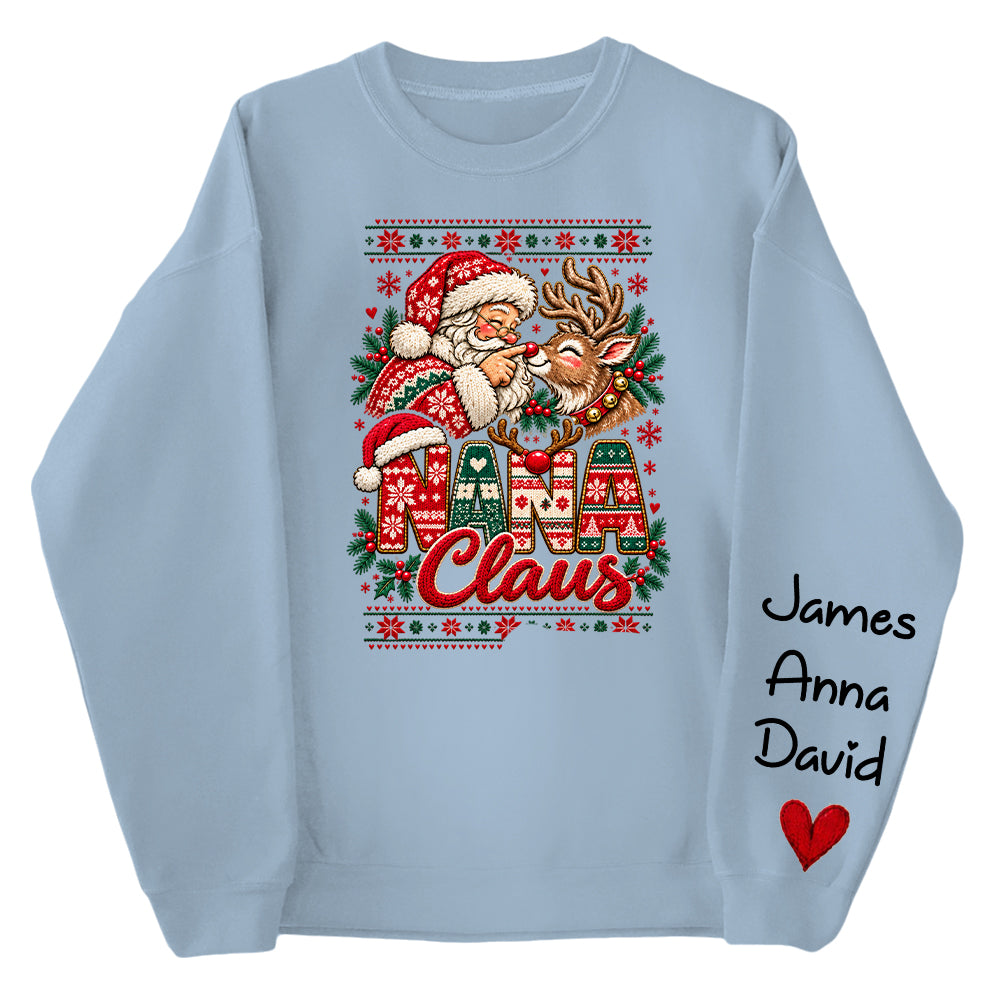 Custom Nana Claus Sweatshirt with Grandkids Names, Personalized Christmas Sweater, Cute Santa and Reindeer Holiday Crewneck C2408 Nh00 KL07