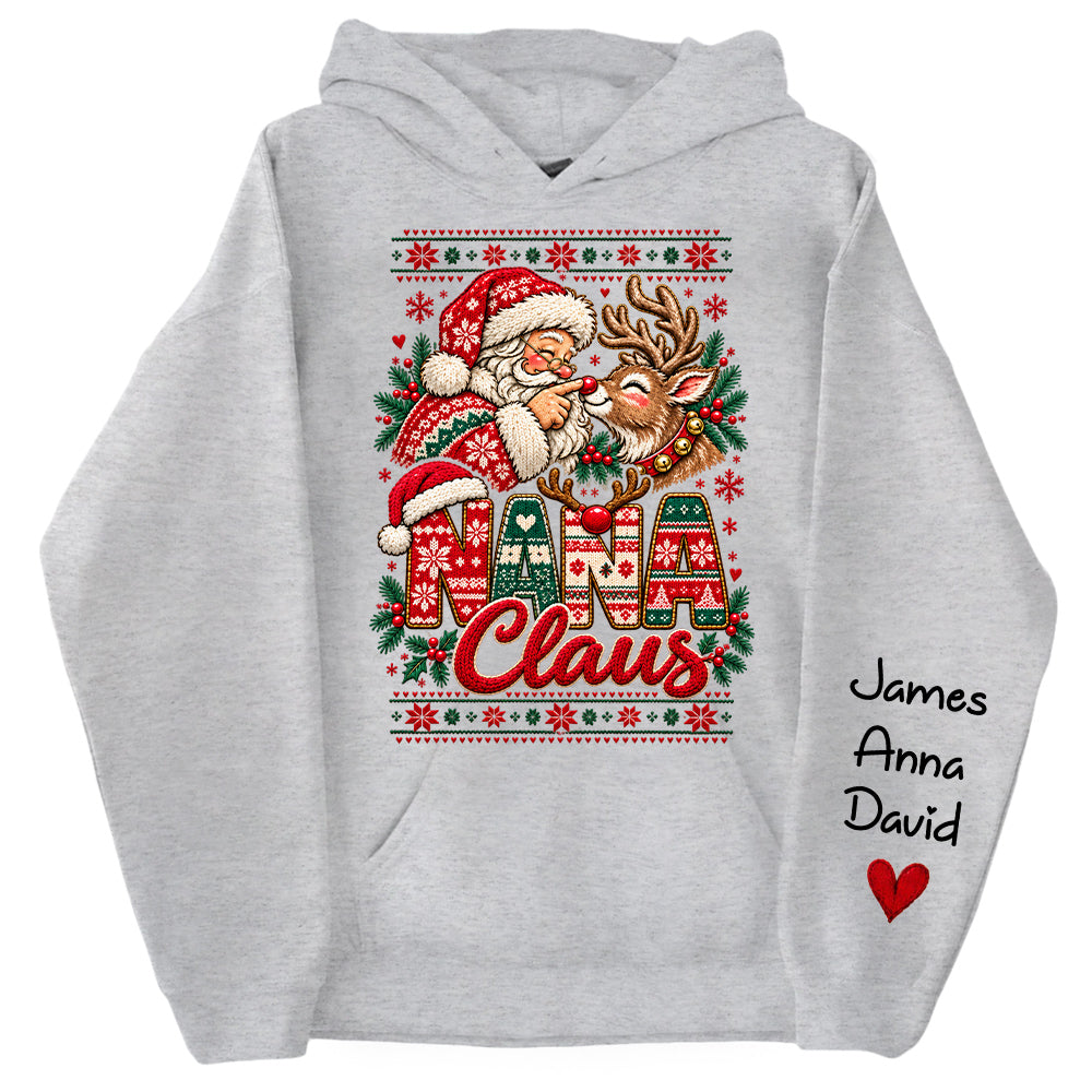 Custom Nana Claus Sweatshirt with Grandkids Names, Personalized Christmas Sweater, Cute Santa and Reindeer Holiday Crewneck C2408 Nh00 KL07
