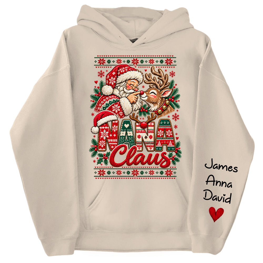 Custom Nana Claus Sweatshirt with Grandkids Names, Personalized Christmas Sweater, Cute Santa and Reindeer Holiday Crewneck C2408 Nh00 KL07