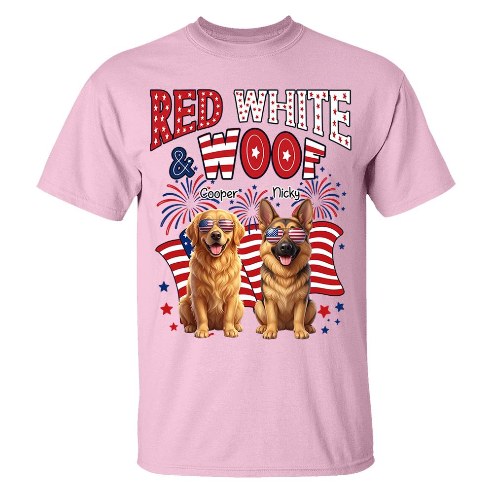 Red White Woof Personalized Shirt Patriotic American Flag Fireworks For Independence Day USA Custom Photo Dog Gift For Pet Lovers T1807 Nh00
