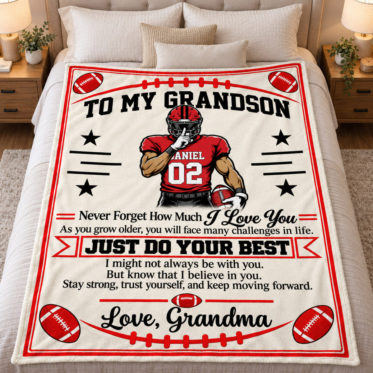 Personalized Football Blanket for Grandson, Custom Name & Number Football Player Throw Blanket,Gift from Grandma Na02 Nh00 KL07
