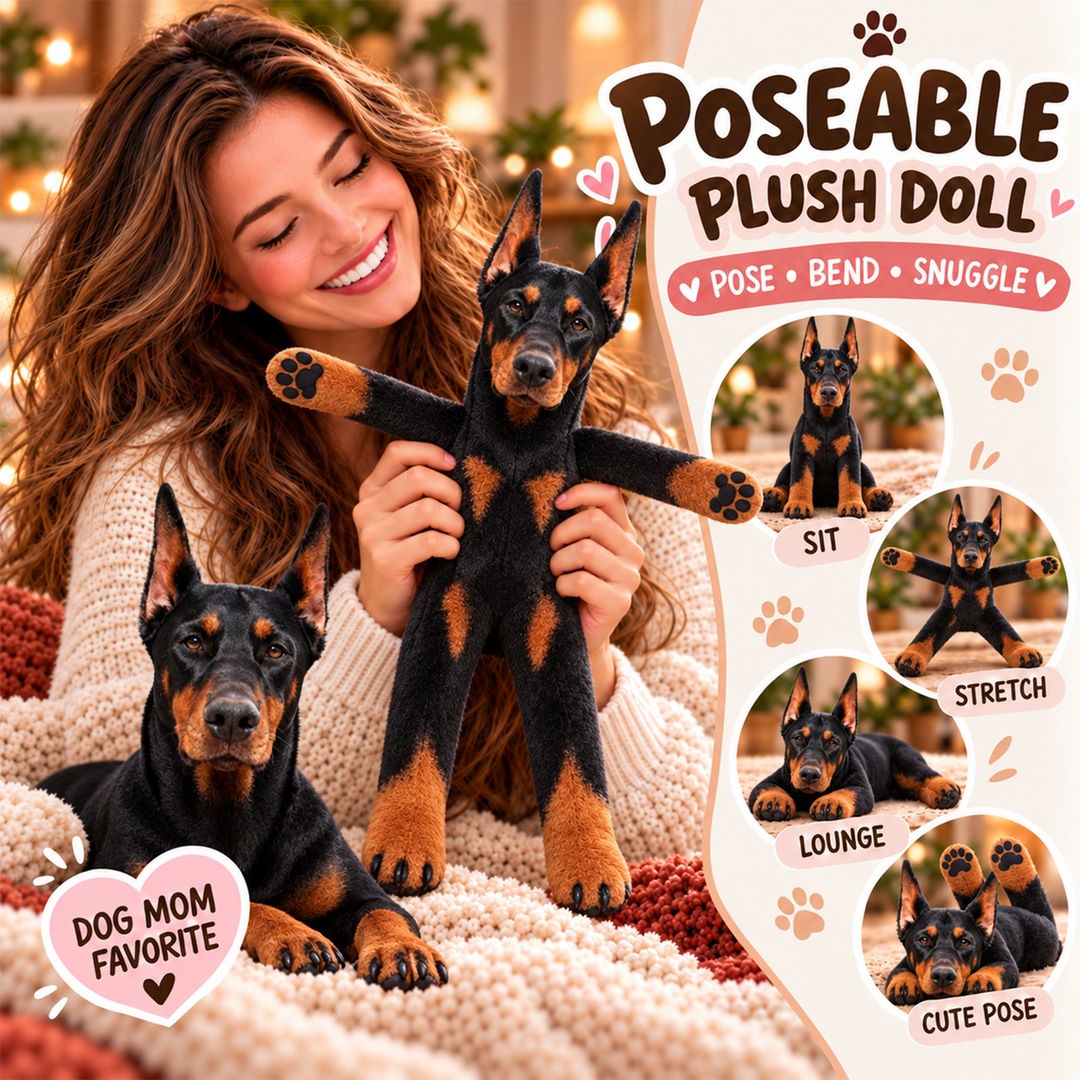 Personalized Doberman Photo Pet Squishy Toy Poseable Plush Doll, Funny Gift For Dog Mom, Dad, Pet Lover T1807 T24 TL06