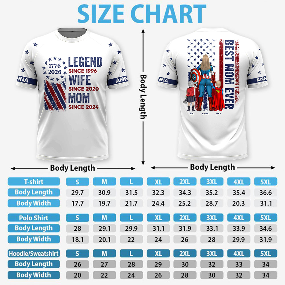 Personalized Legend Wife Mom With 250th Years Of Freedom Anniversary 3D Shirt, Gift For Mom, Mother's Day T1807 T24