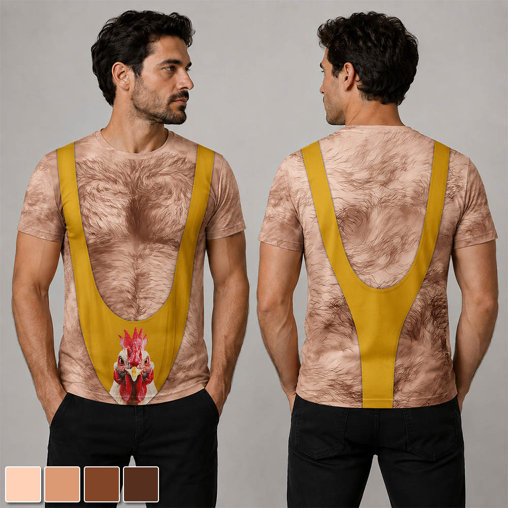 Funny Chicken Costume T-Shirt, 3D Hairy Chest Graphic Tee, Novelty Gag Shirt for Halloween, Christmas & Parties