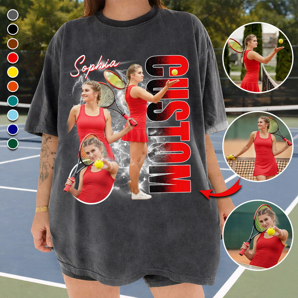 Custom Photo Tennis Player Shirt - Personalized Team Name School Name Bootleg Shirt NA04 T24
