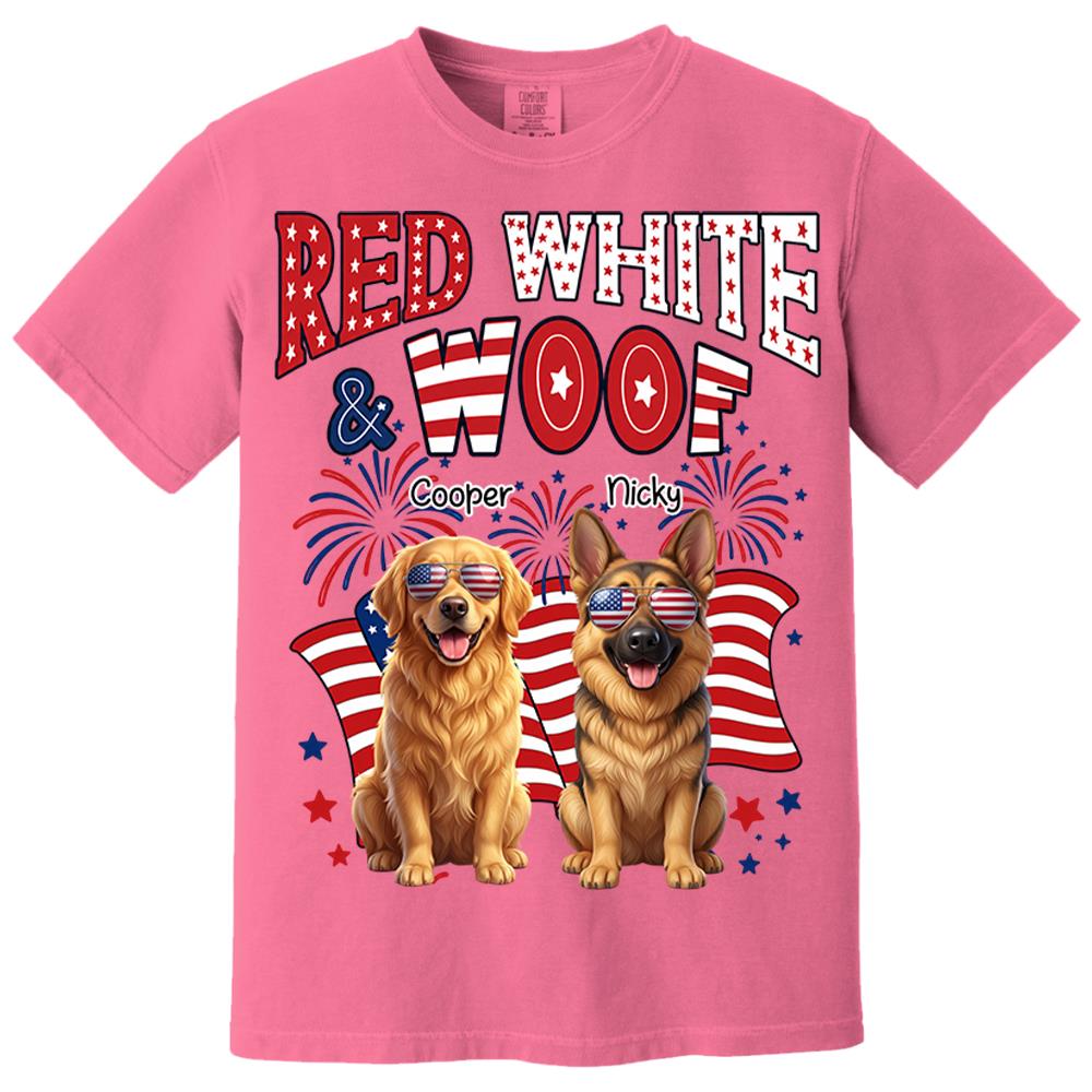 Red White Woof Personalized Shirt Patriotic American Flag Fireworks For Independence Day USA Custom Photo Dog Gift For Pet Lovers T1807 Nh00