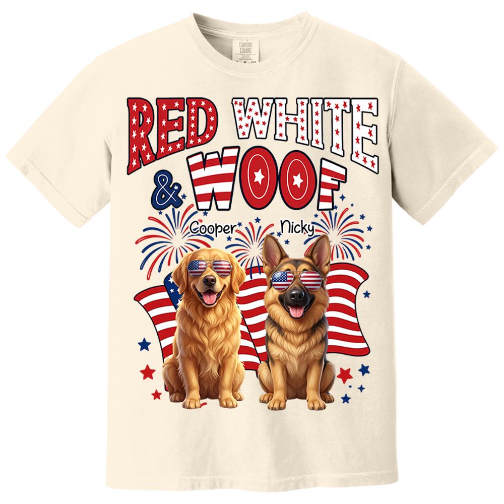 Red White Woof Personalized Shirt Patriotic American Flag Fireworks For Independence Day USA Custom Photo Dog Gift For Pet Lovers T1807 Nh00