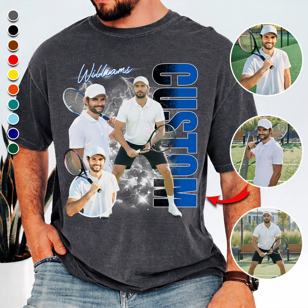 Custom Photo Tennis Player Shirt - Personalized Team Name School Name Bootleg Shirt NA04 T24
