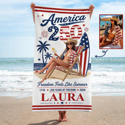 Custom Photo America 250 Beach Towel – Personalized Patriotic Summer Vacation Gift for Family | Born Free, Beach Bound | 250th Anniversary 1776–2026 Na02 Nh00
