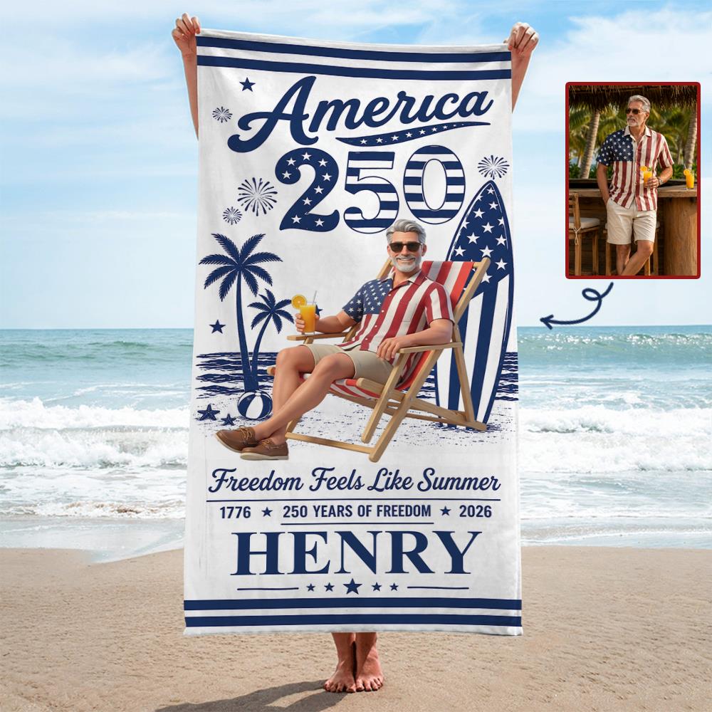 Custom Photo America 250 Beach Towel – Personalized Patriotic Summer Vacation Gift for Family | Born Free, Beach Bound | 250th Anniversary 1776–2026 Na02 Nh00