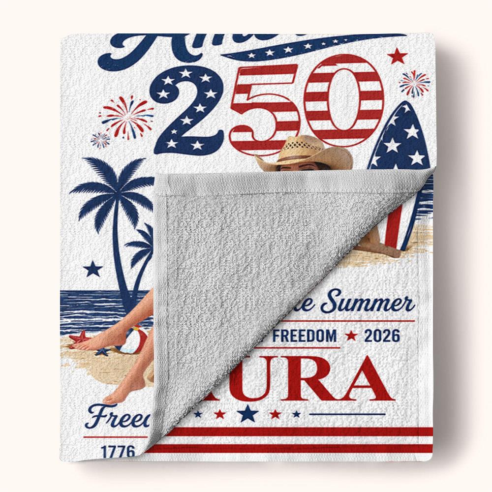 Custom Photo America 250 Beach Towel – Personalized Patriotic Summer Vacation Gift for Family | Born Free, Beach Bound | 250th Anniversary 1776–2026 Na02 Nh00