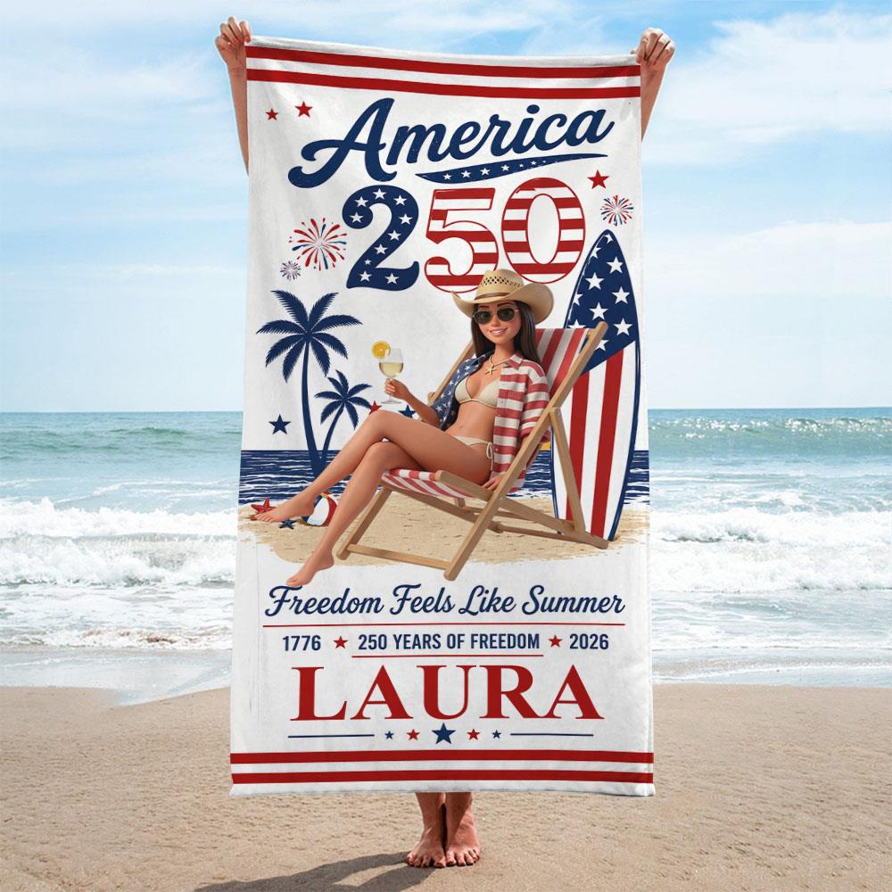 Custom Photo America 250 Beach Towel – Personalized Patriotic Summer Vacation Gift for Family | Born Free, Beach Bound | 250th Anniversary 1776–2026 Na02 Nh00