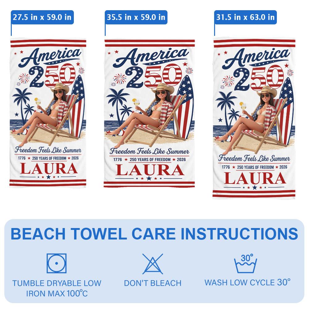 Custom Photo America 250 Beach Towel – Personalized Patriotic Summer Vacation Gift for Family | Born Free, Beach Bound | 250th Anniversary 1776–2026 Na02 Nh00