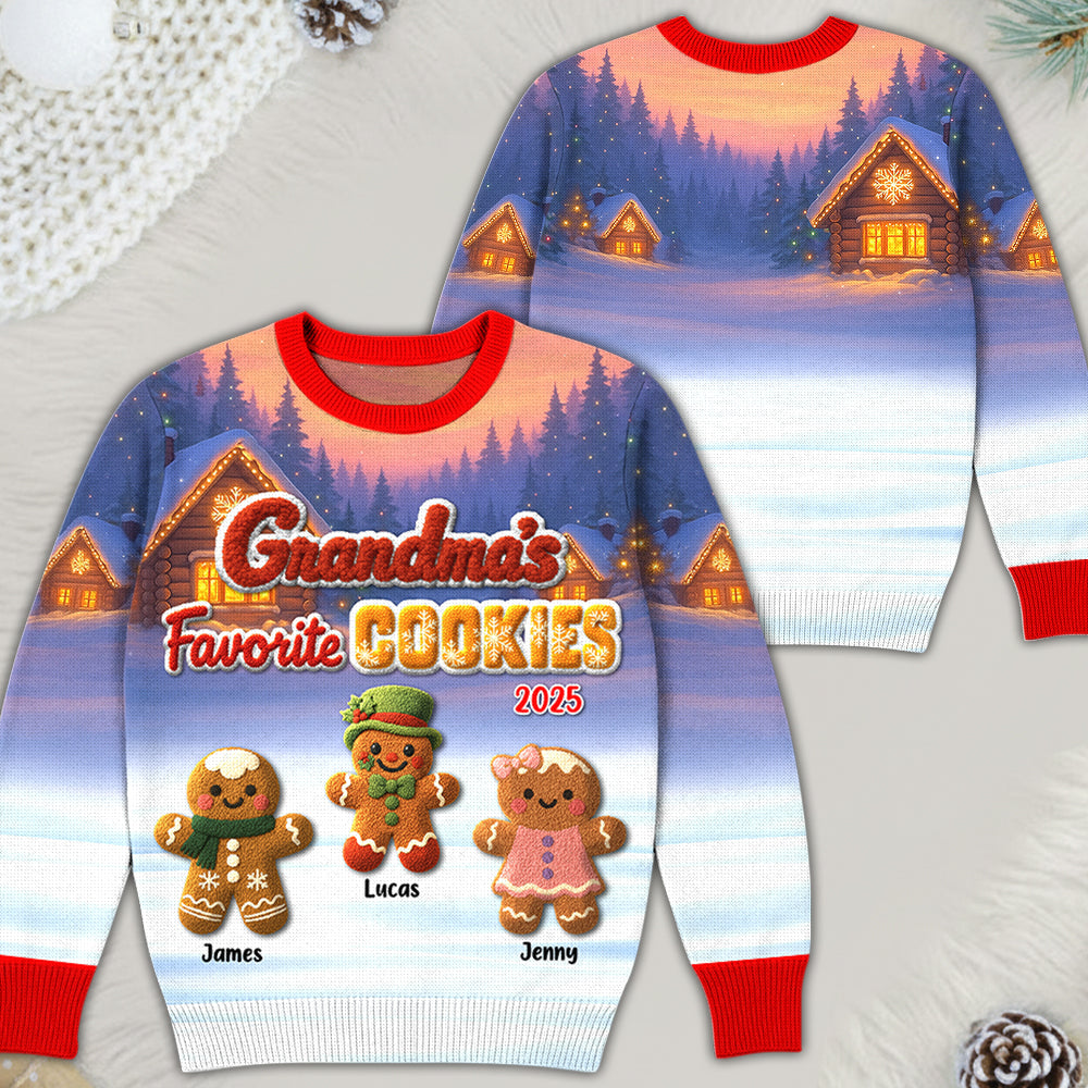 Grandma's Favorite Cookie Crochet Faux Yarn Texture Personalized All Over Print Shirt For Grandma Hv01