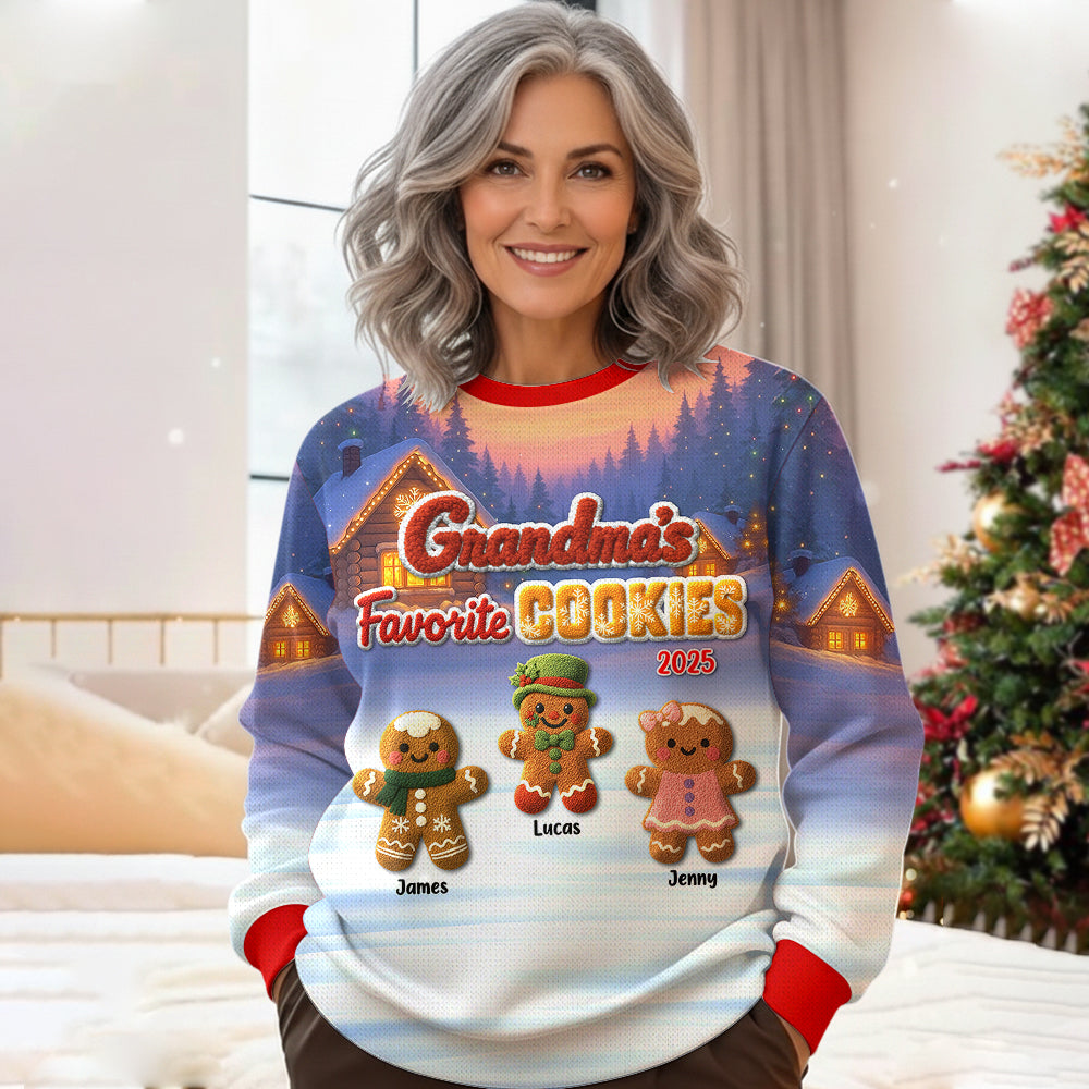 Grandma's Favorite Cookie Crochet Faux Yarn Texture Personalized All Over Print Shirt For Grandma Hv01