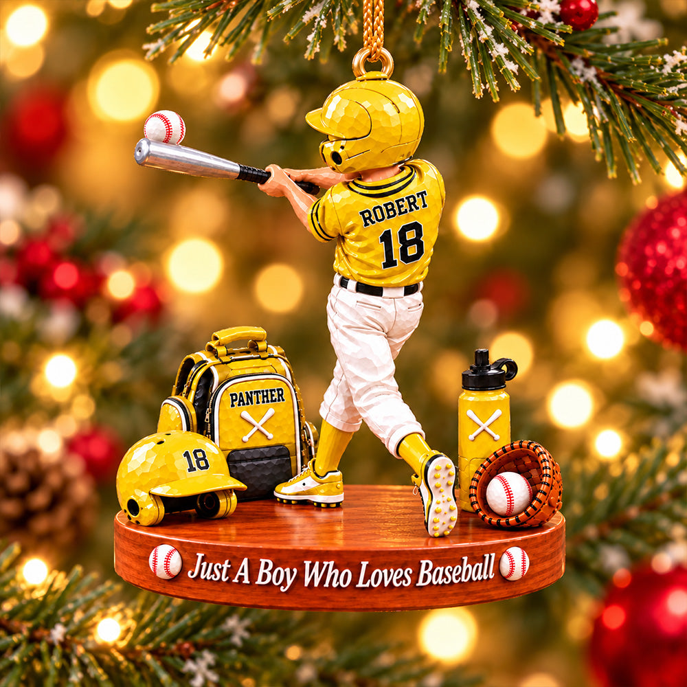 Just A Boy Who Loves Baseball, Personalized Baseball Ornament, Custom Boy Baseball Gift, Custom Player Name Ornament Na02 T24 NT01