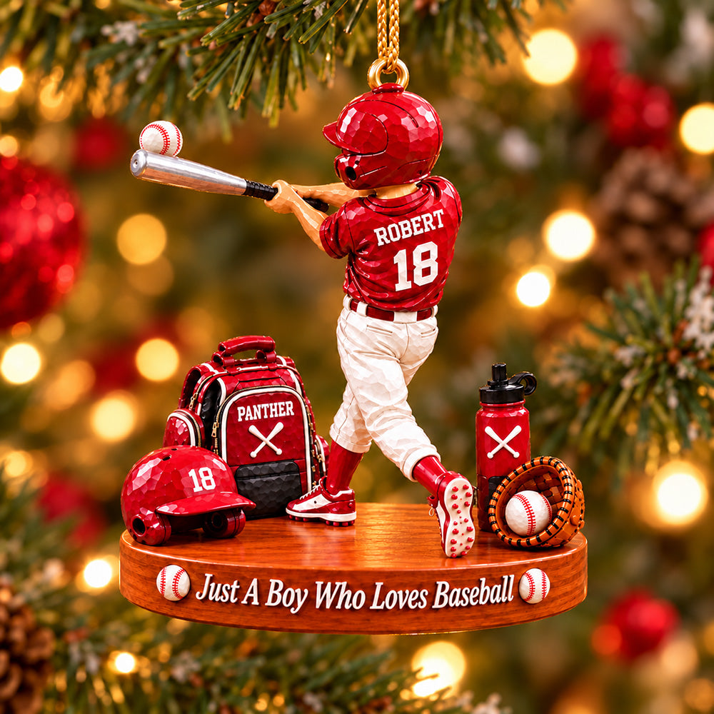 Just A Boy Who Loves Baseball, Personalized Baseball Ornament, Custom Boy Baseball Gift, Custom Player Name Ornament Na02 T24 NT01