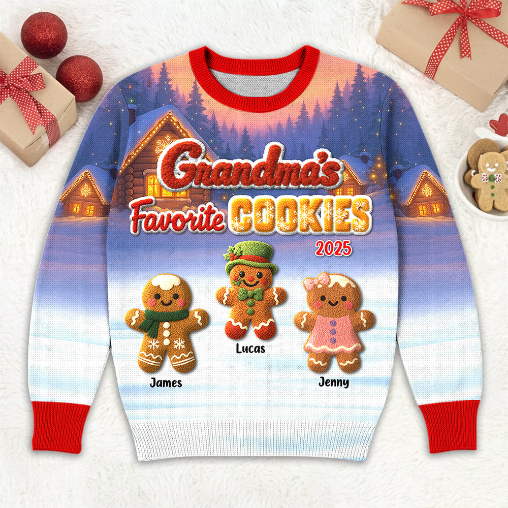 Grandma's Favorite Cookie Crochet Faux Yarn Texture Personalized All Over Print Shirt For Grandma Hv01