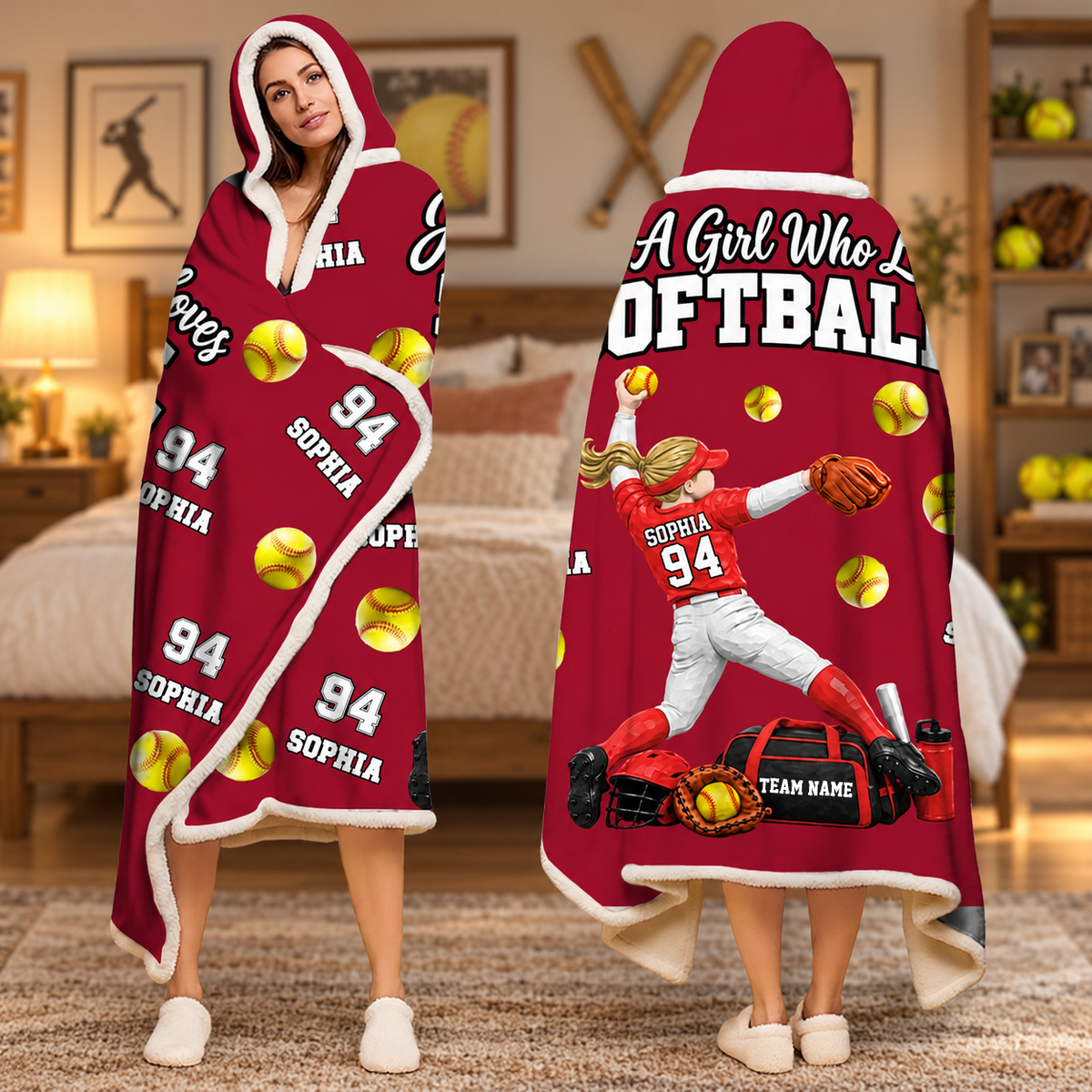 Just A Girl Who Loves Softball, Personalized Softball Wearable Blanket Hoodie For Softball Lovers, Softball Players MI209 T24 NT01