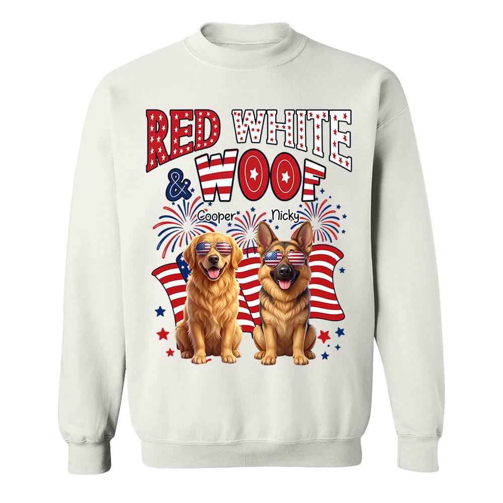 Red White Woof Personalized Shirt Patriotic American Flag Fireworks For Independence Day USA Custom Photo Dog Gift For Pet Lovers T1807 Nh00