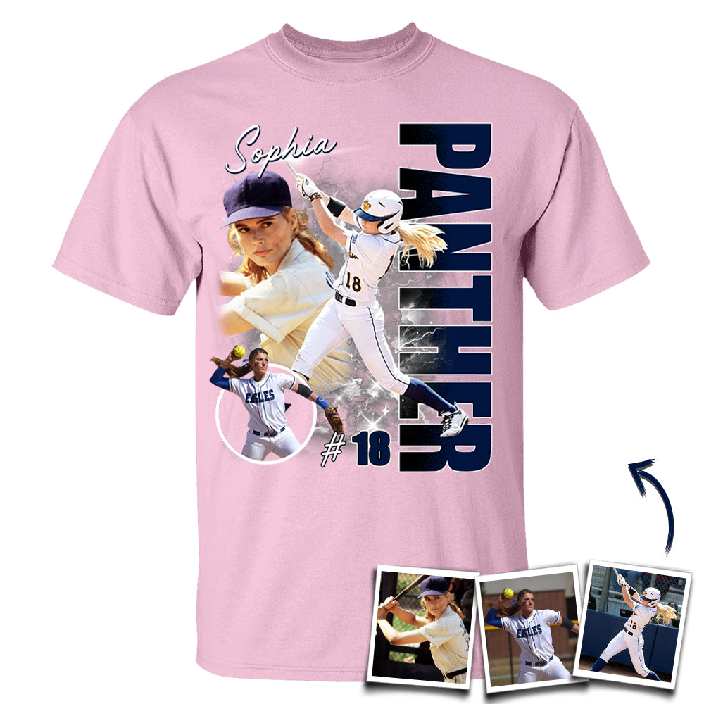 Custom Photo Softball Player Shirt - Personalized Team Name School Name Bootleg Shirt T1807