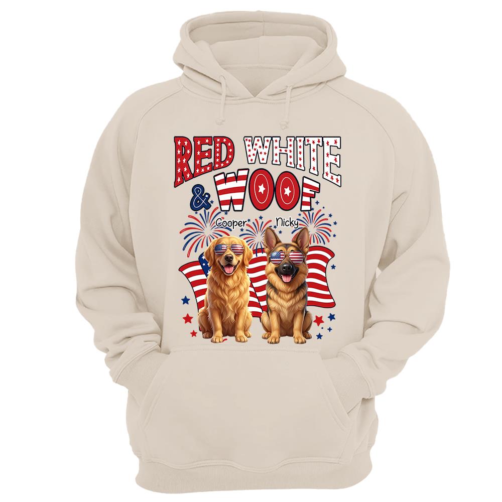 Red White Woof Personalized Shirt Patriotic American Flag Fireworks For Independence Day USA Custom Photo Dog Gift For Pet Lovers T1807 Nh00