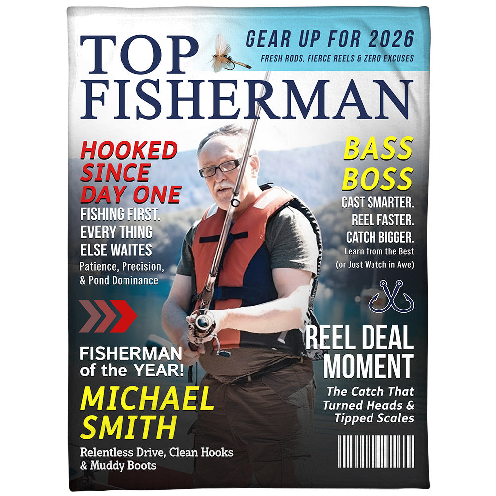 Custom Fishing Magazine Cover Personalized Blanket, Angler Funny Fisherman Gift