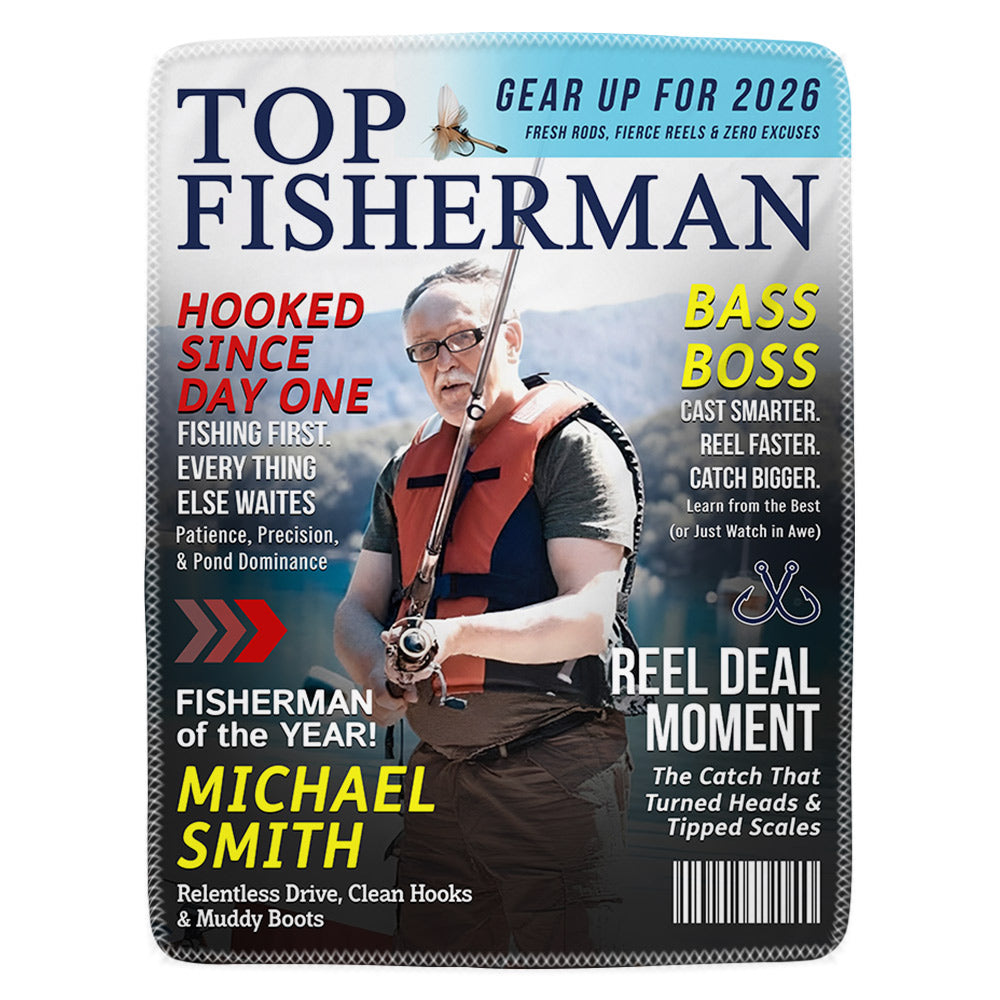 Custom Fishing Magazine Cover Personalized Blanket, Angler Funny Fisherman Gift