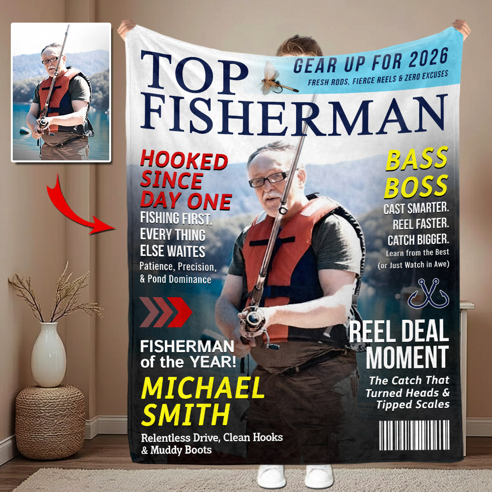 Custom Fishing Magazine Cover Personalized Blanket, Angler Funny Fisherman Gift