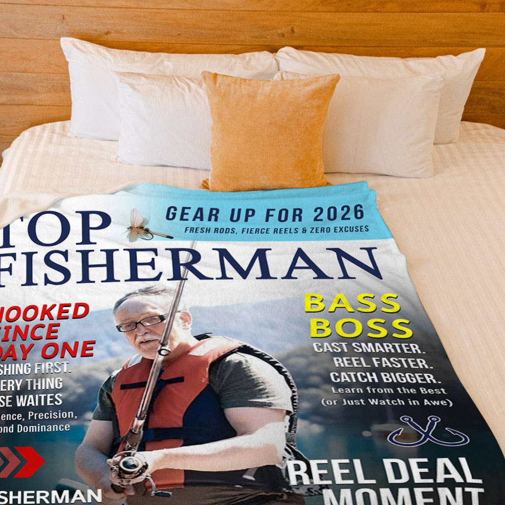 Custom Fishing Magazine Cover Personalized Blanket, Angler Funny Fisherman Gift
