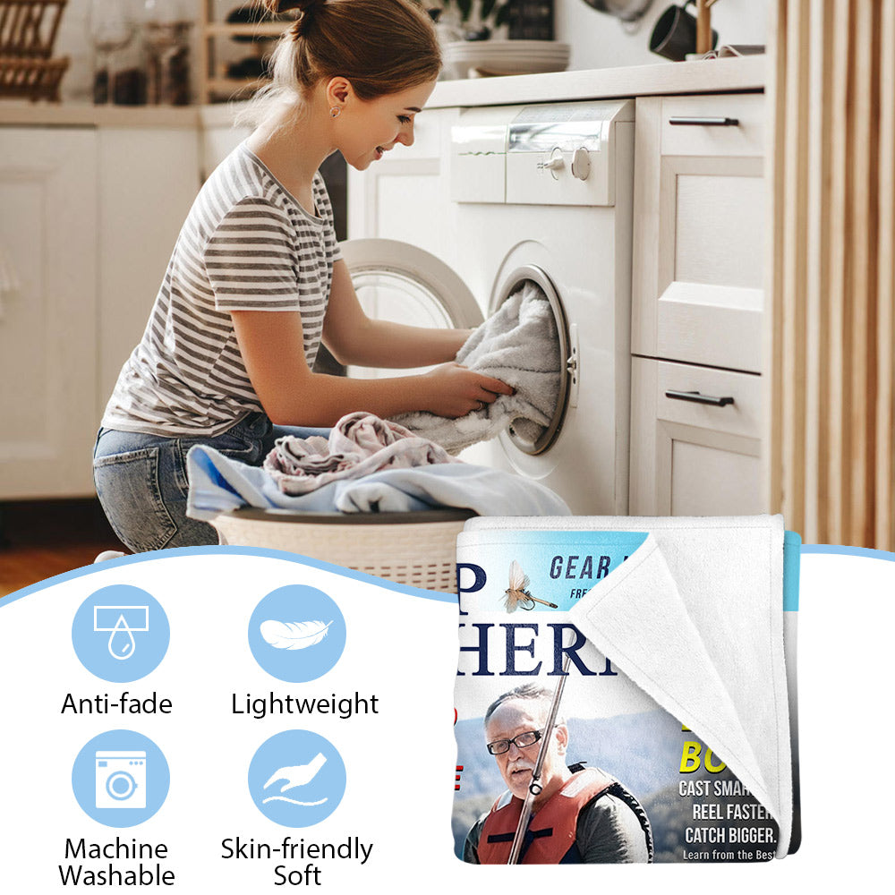 Custom Fishing Magazine Cover Personalized Blanket, Angler Funny Fisherman Gift